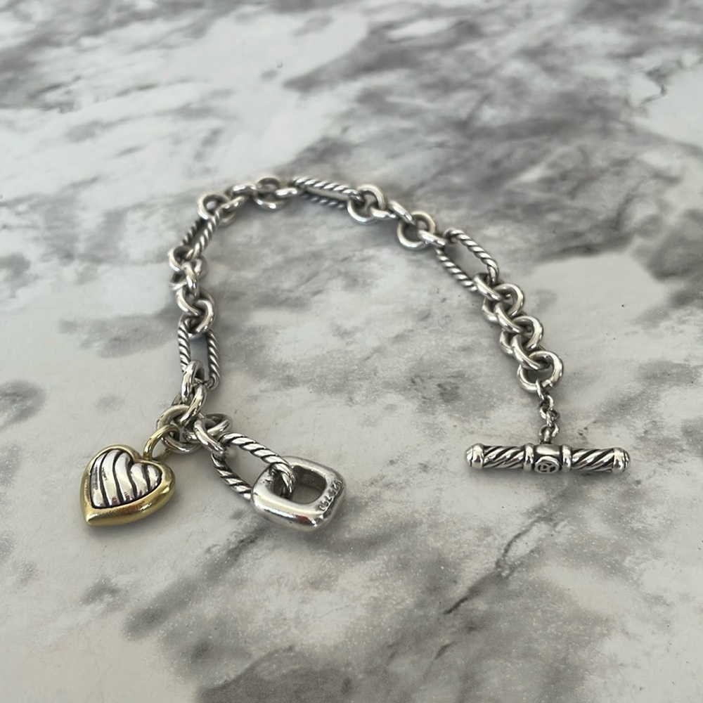 David Yurman Silver and Gold Heart Charm Cable Toggle Bracelet